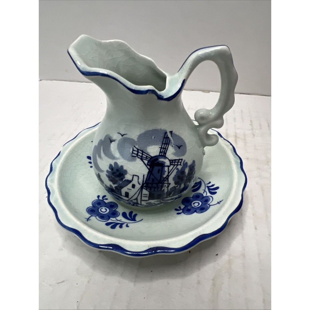 Vintage Enesco Miniature Wash Pitcher And Basin Bowl Set Windmill Flowers Delft